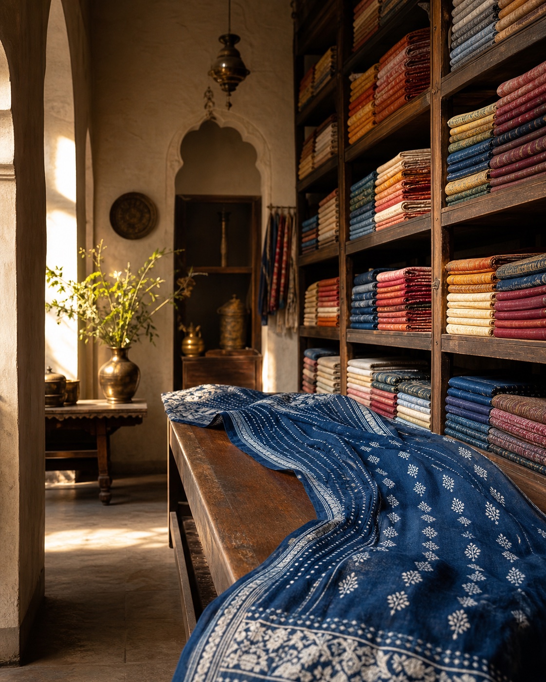 An indigo textile arranged inside a richly stocked heritage textile room