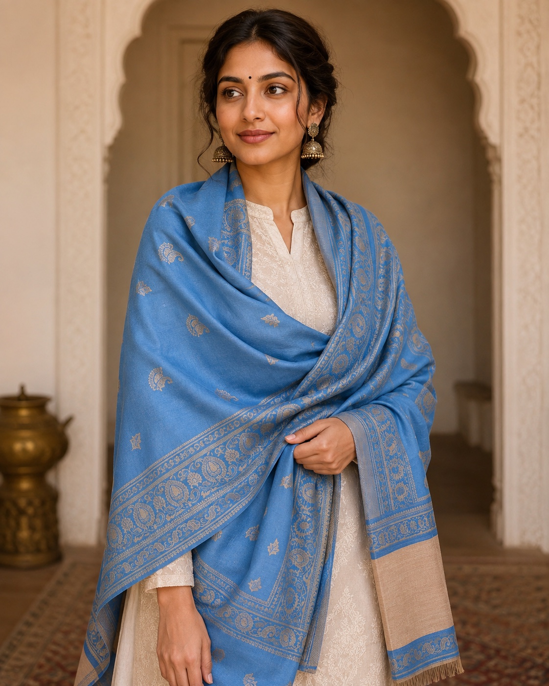Woman wearing an ivory kurta and blue woven dupatta in an arched heritage interior